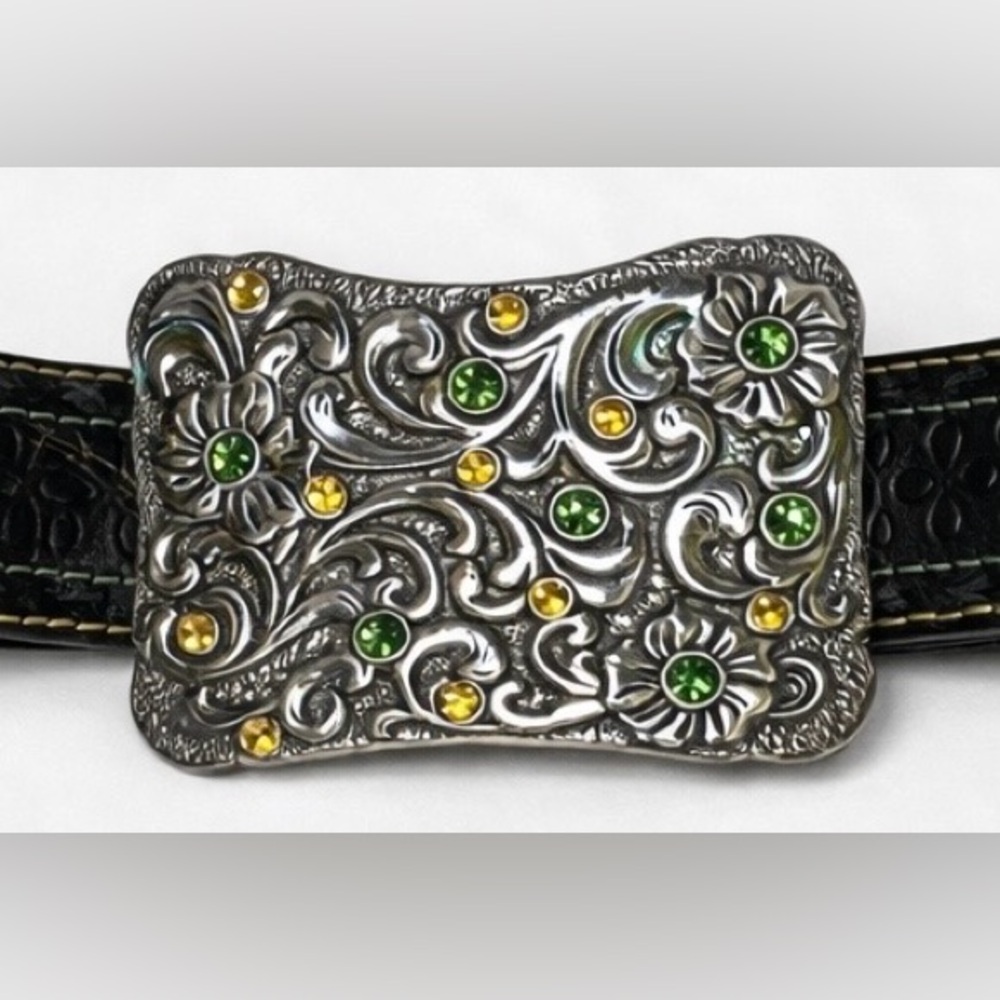 John Deere Black Belt with Decorative Silver Buckle and Green & Yellow Accents